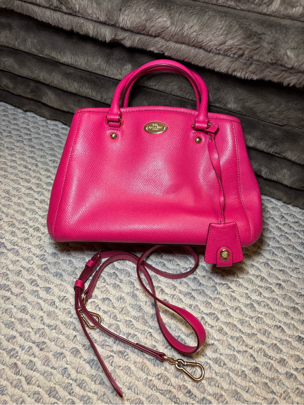 Coach Hot Pink Leather Satchel with Gold Hardware and crossbody strap
